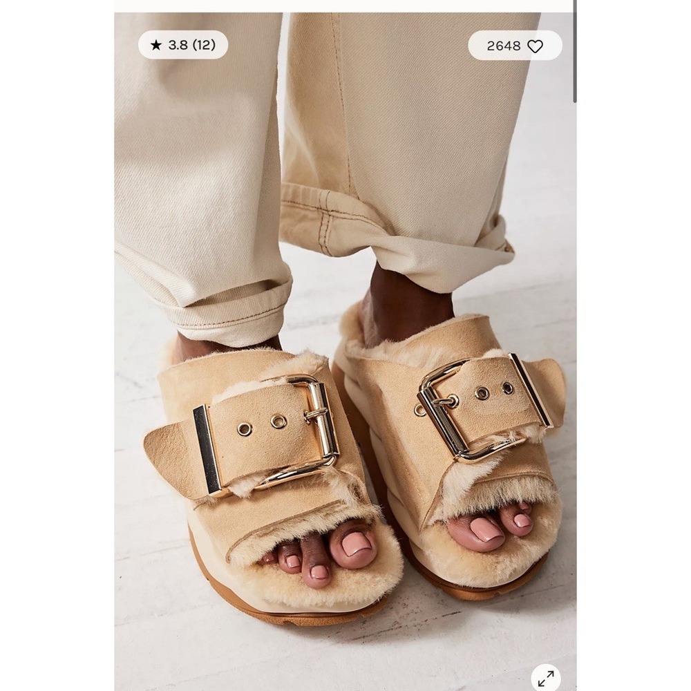 4CCCCEES Mellow Laze Leather Sand Shearling Buckle Platform Slides Sandals 38